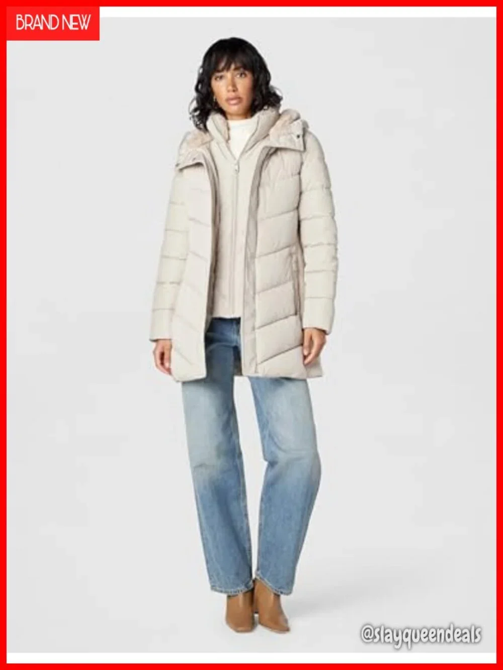 Long Quilted Jacket With Faux Sherpa Lined Hood and Inset Bib